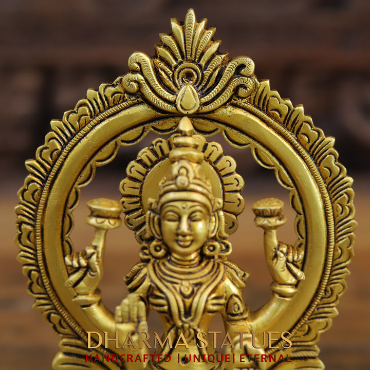 Brass Ganesh Laxmi, Seated on Carved Throne, Radiating Divine Wealth, Gold Finish, 7.5"