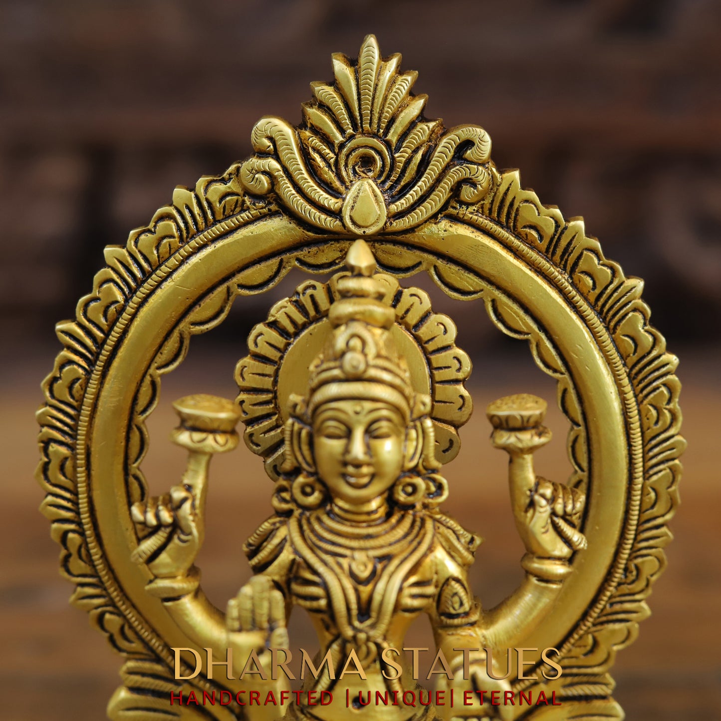 Brass Lakshmi seated with Frame, Golden Finish, 7.5"