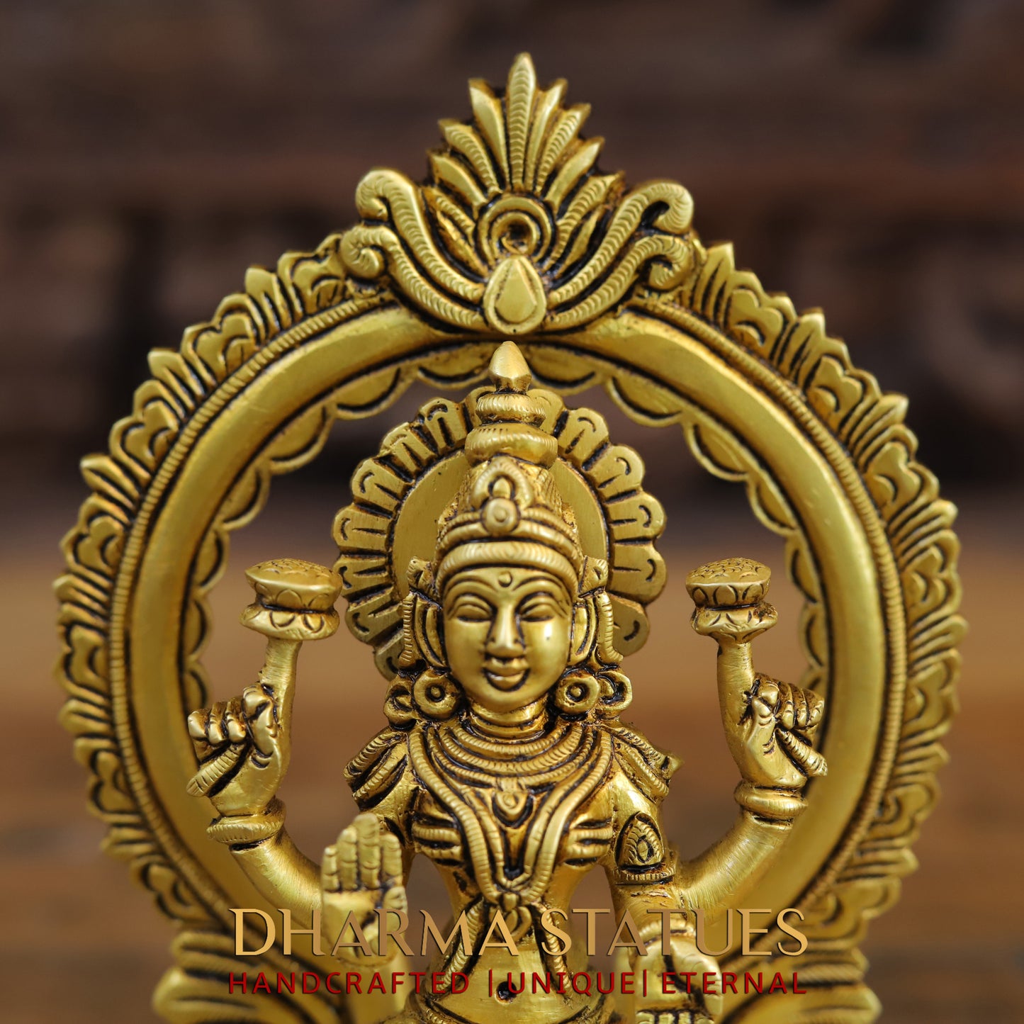 Brass Ganesh & Lakshmi seated on Throne, Golden Finish, 7.5"