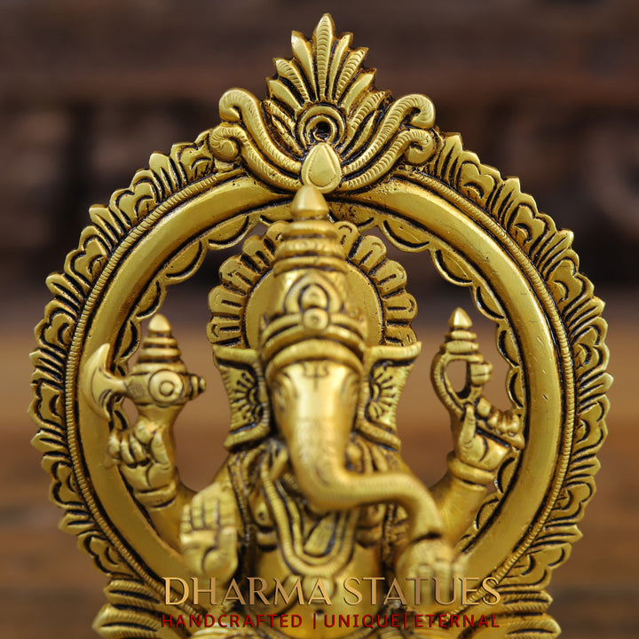 Brass Ganesh Laxmi, Seated on Carved Throne, Radiating Divine Wealth, Gold Finish, 7.5"