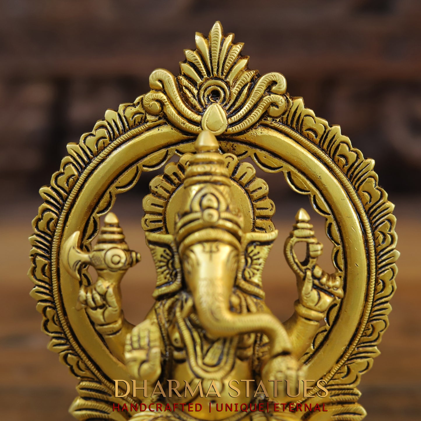 Brass Ganesh & Lakshmi seated on Throne, Golden Finish, 7.5"
