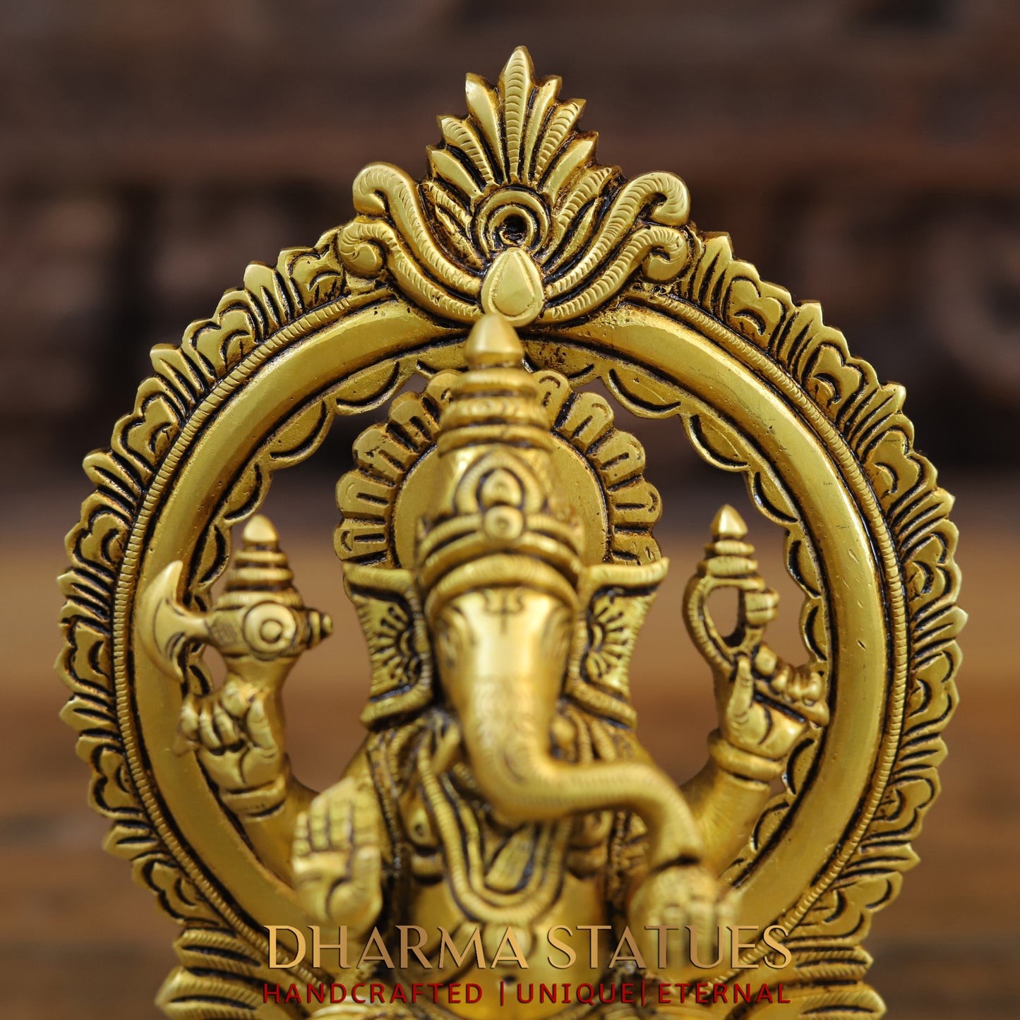 Brass Ganesh seated with Frame, Golden Finish, 7.5"