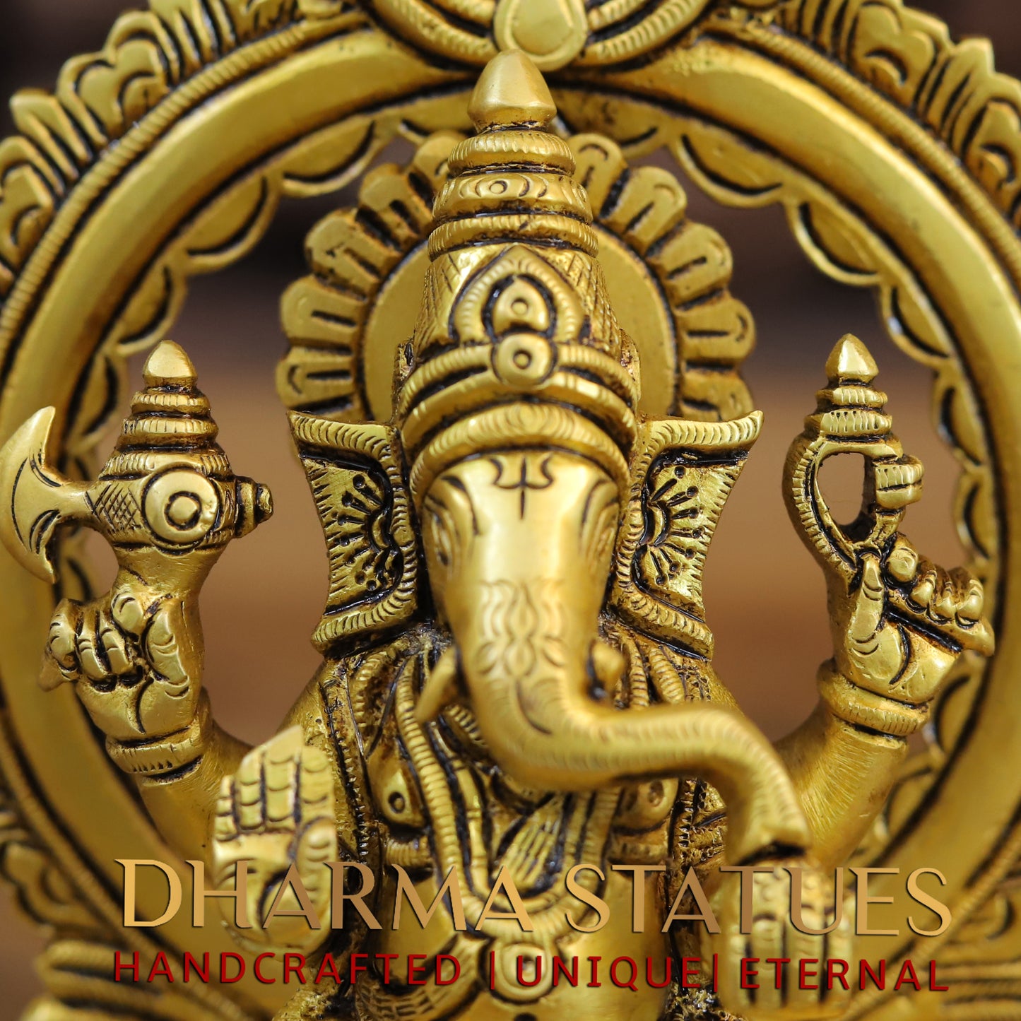 Brass Ganesh seated with Frame, Golden Finish, 7.5"