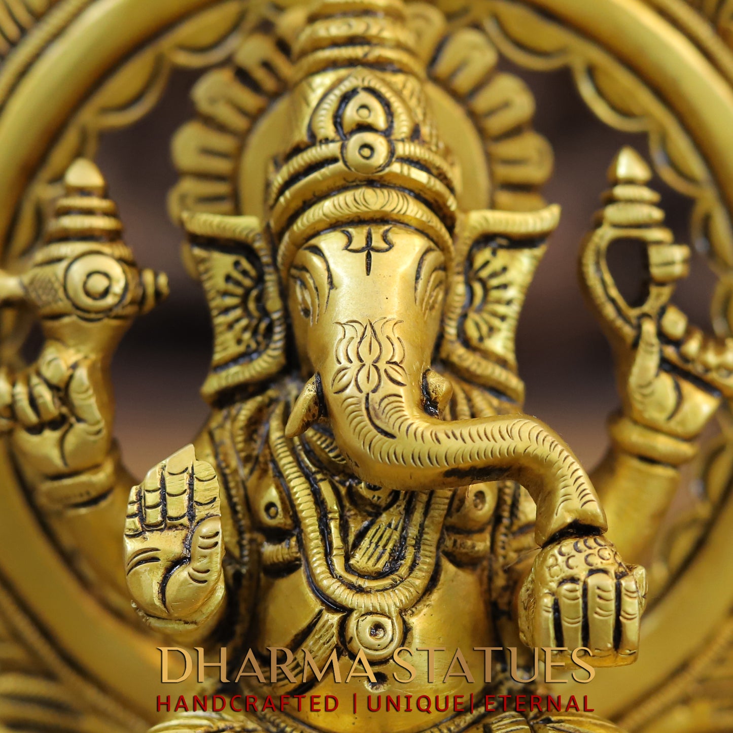 Brass Ganesh seated with Frame, Golden Finish, 7.5"
