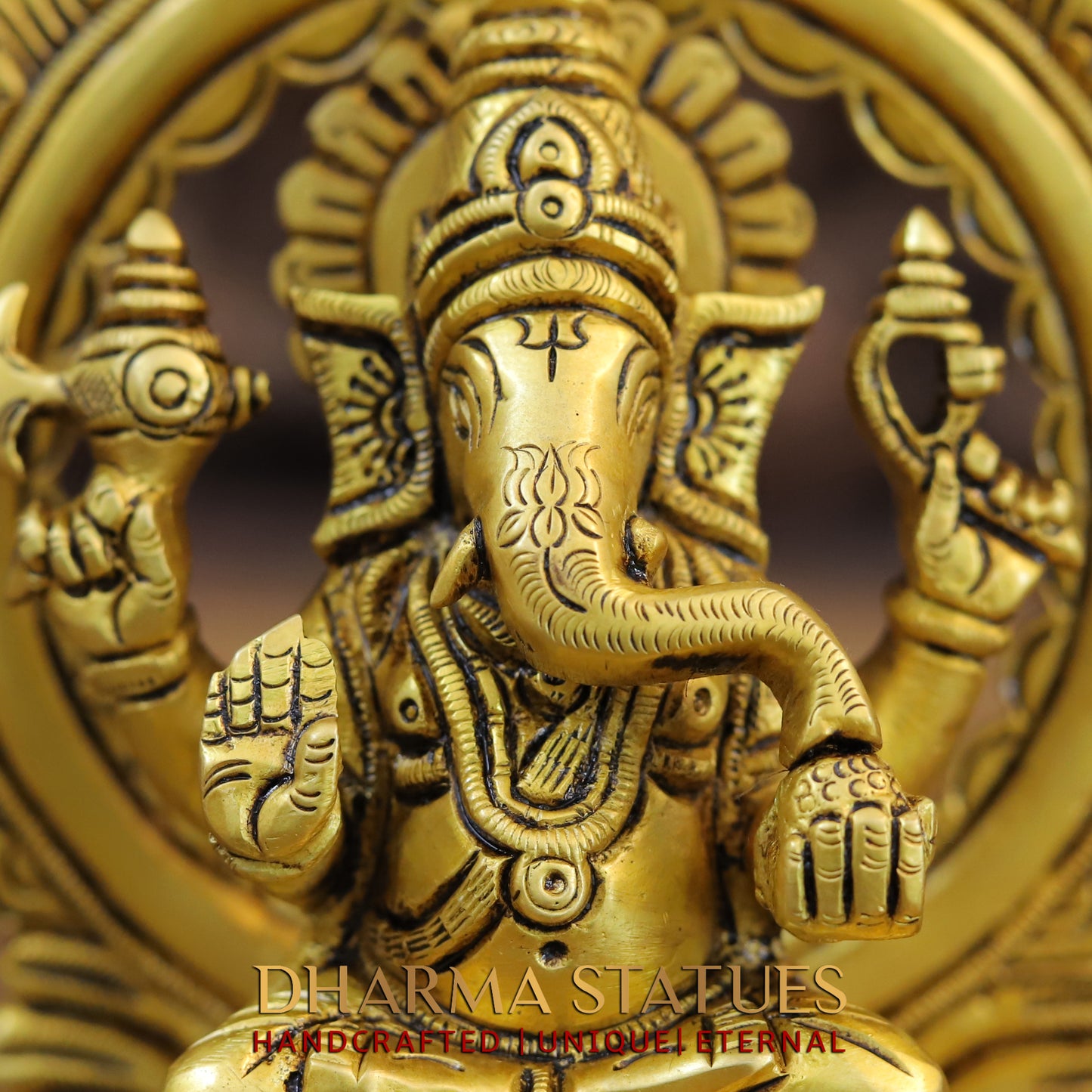 Brass Ganesh & Lakshmi seated on Throne, Golden Finish, 7.5"