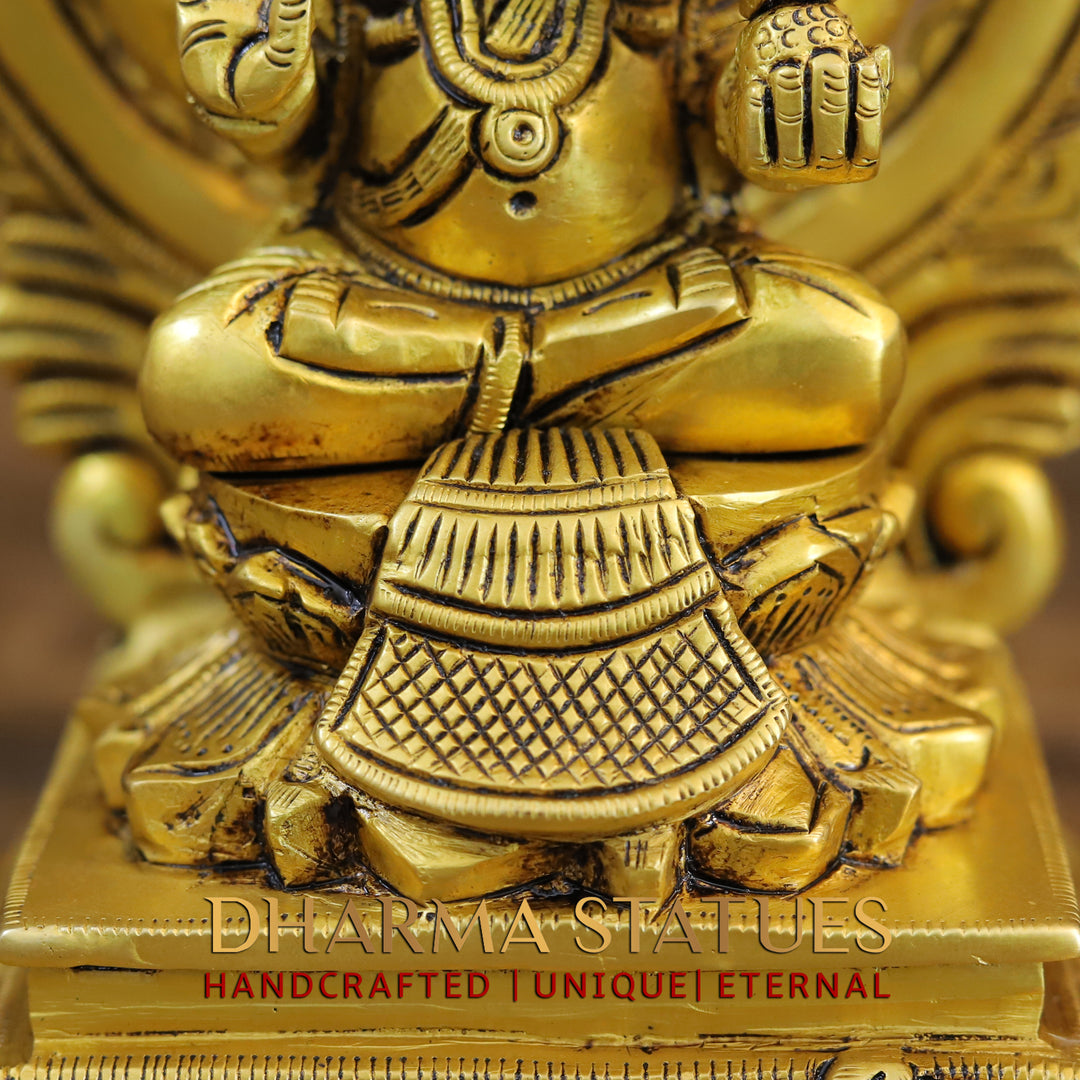 Brass Ganesh Laxmi, Seated on Carved Throne, Radiating Divine Wealth, Gold Finish, 7.5"