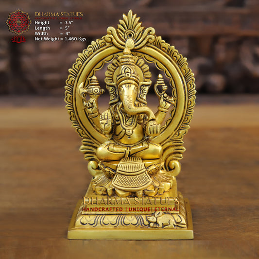 Brass Ganesh seated with Frame, Golden Finish, 7.5"