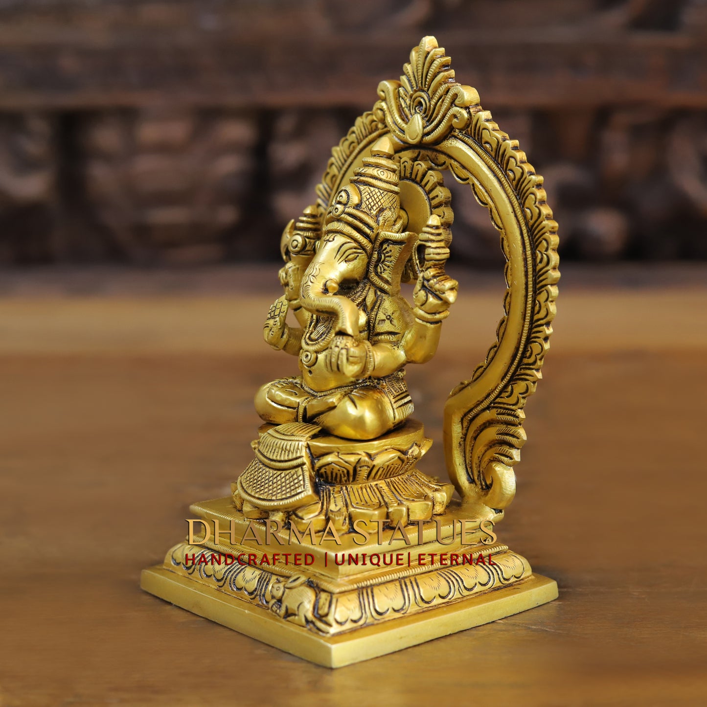 Brass Ganesh seated with Frame, Golden Finish, 7.5"