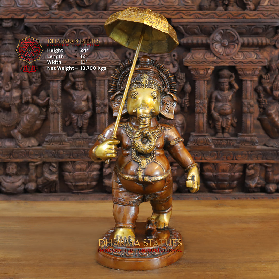 Brass Ganesha Idol, Walking with Umbrella, Golden and Copper Finish 24" Front View