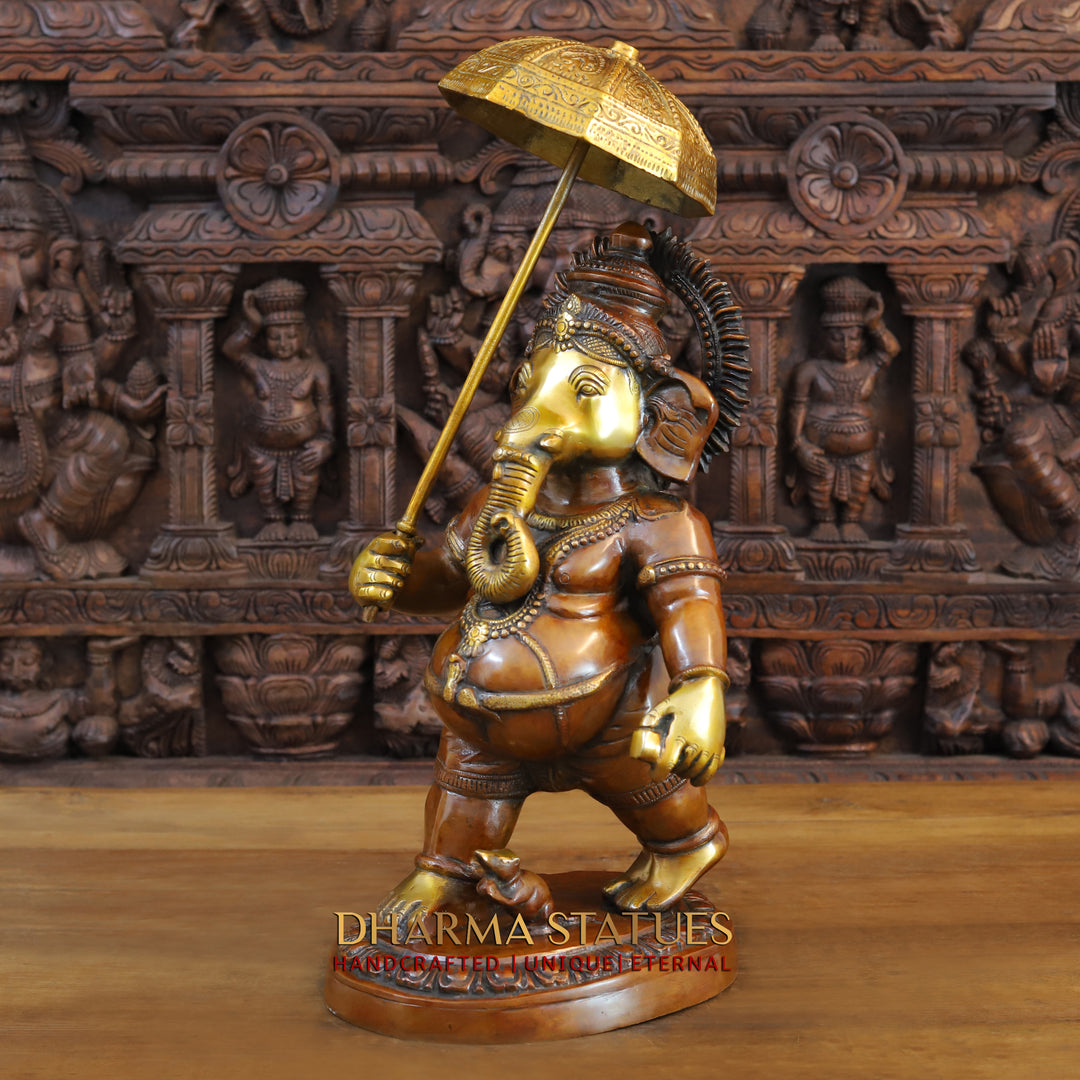 Brass Ganesha Idol, Walking with Umbrella, Golden and Copper Finish 24"