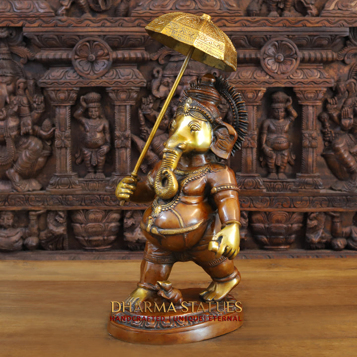 Brass Ganesha Idol, Walking with Umbrella, Golden and Copper Finish 24"