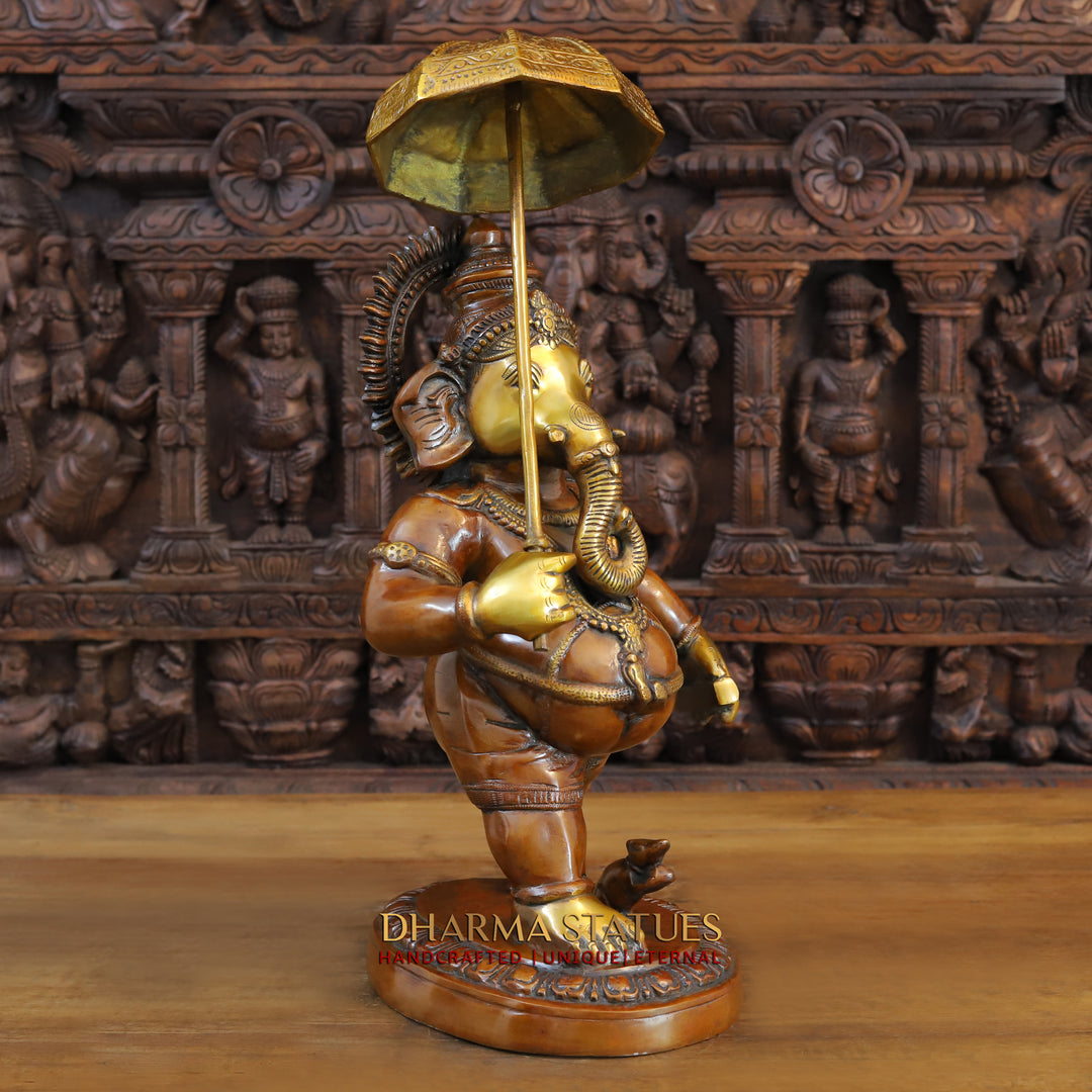 Brass Ganesha Idol, Walking with Umbrella, Golden and Copper Finish 24"