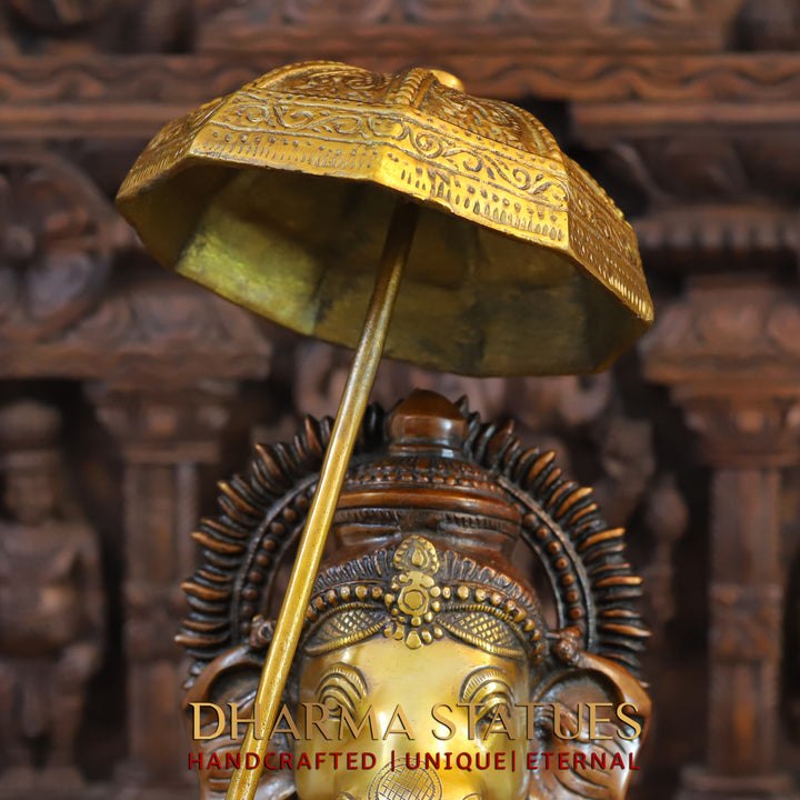 Brass Ganesha Idol, Walking with Umbrella, Golden and Copper Finish 24"