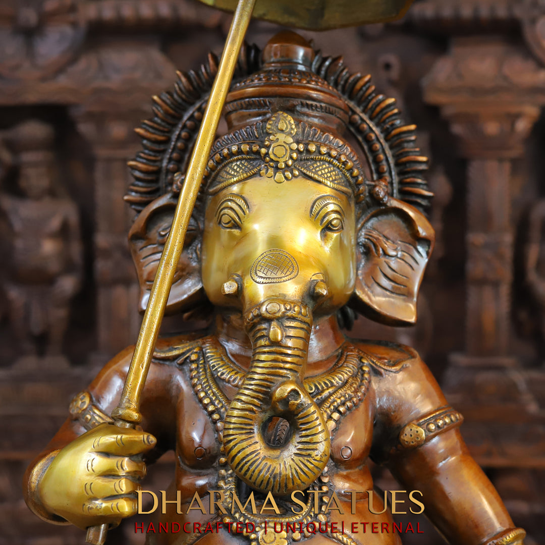 Brass Ganesha Idol, Walking with Umbrella, Golden and Copper Finish 24"