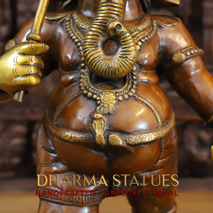 Brass Ganesha Idol, Walking with Umbrella, Golden and Copper Finish 24"