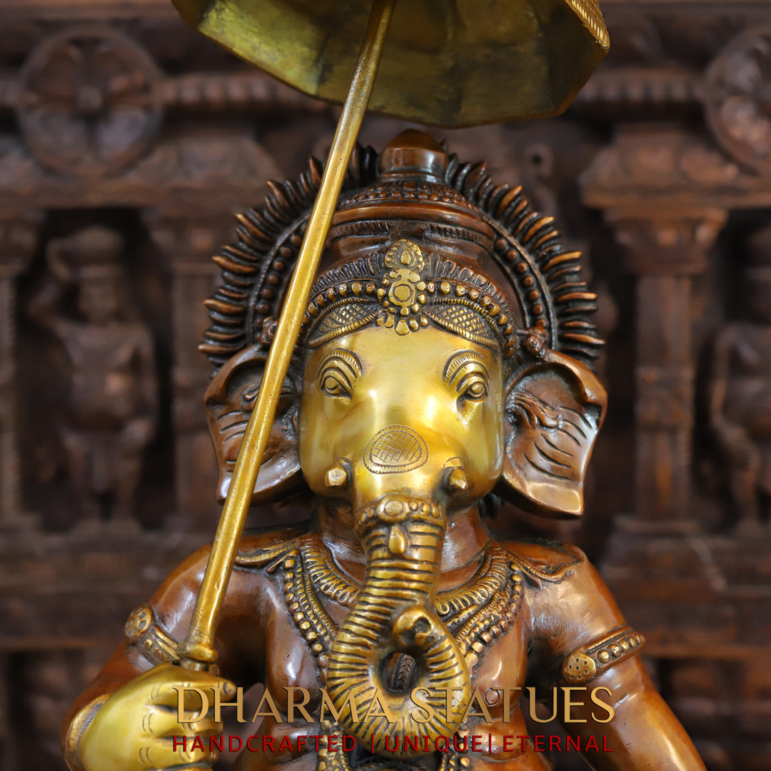 Brass Ganesha Idol, Walking with Umbrella, Golden and Copper Finish 24"