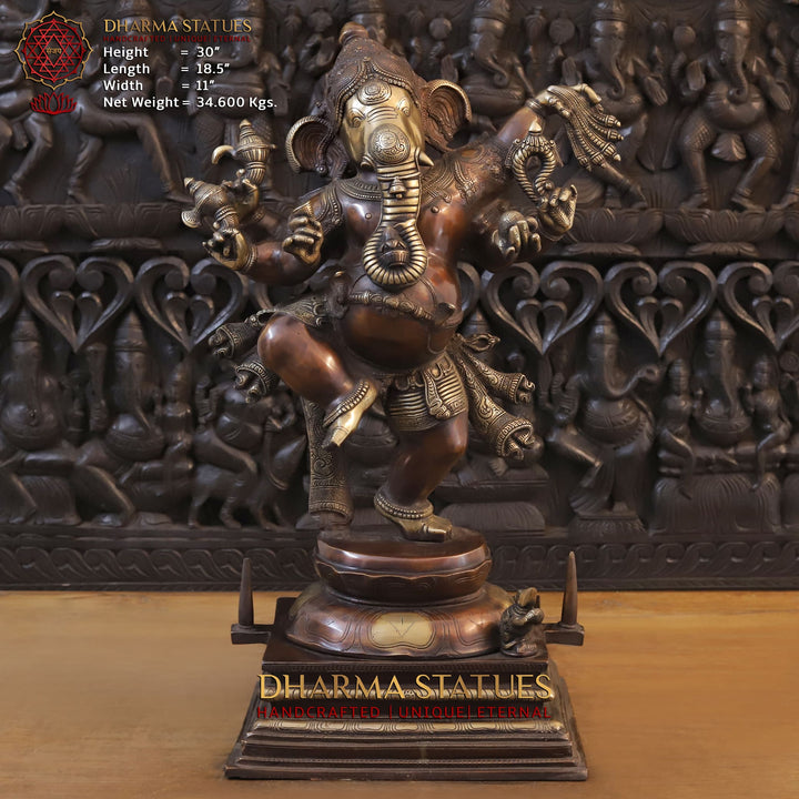 Brass Ganesh Dancing South Indian Style, Copper Gold, 30" Front View