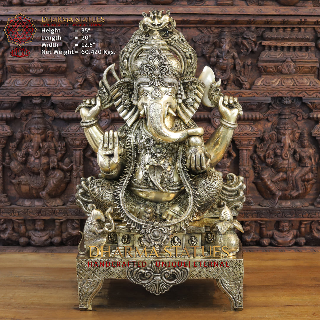 Brass Ganesh Idol, Seated on a Chowki, Fine Silver Work 35" Front View