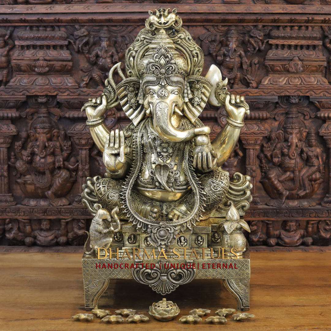 Brass Ganesh Idol, Seated on a Chowki, Smooth Finish 35"