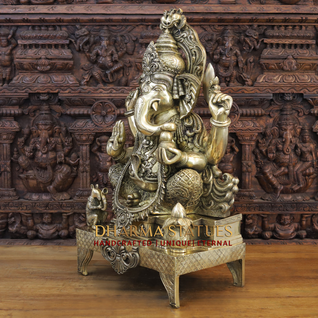 Brass Ganesh Idol, Seated on a Chowki, Smooth Finish 35"