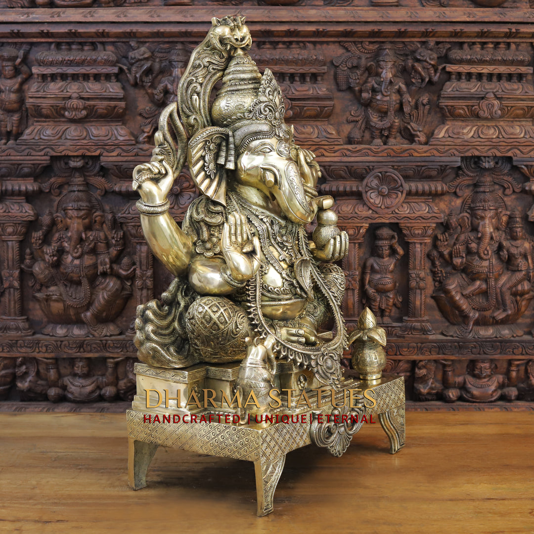 Brass Ganesh Idol, Seated on a Chowki, Smooth Finish 35"