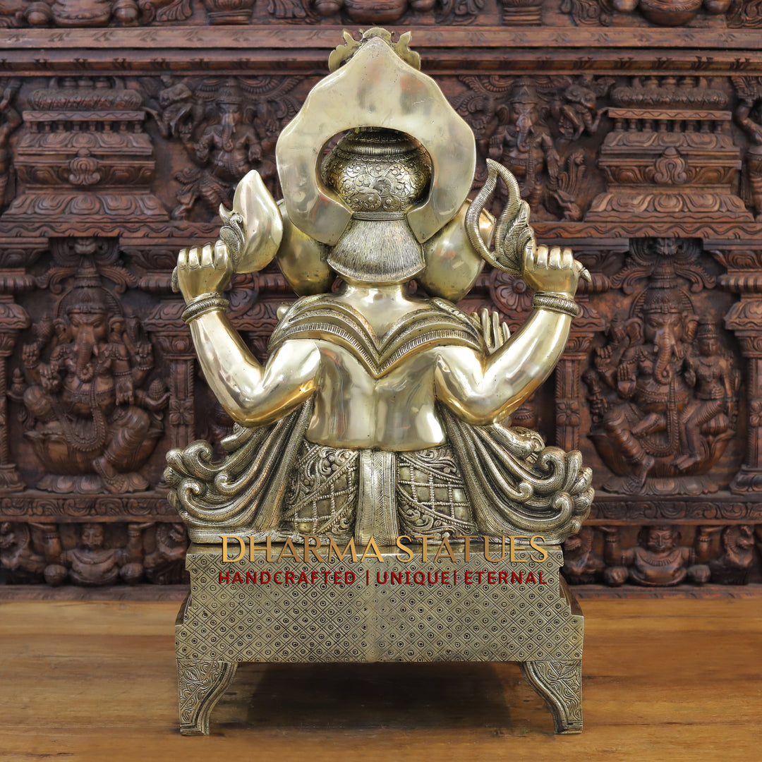 Brass Ganesh Idol, Seated on a Chowki, Smooth Finish 35"