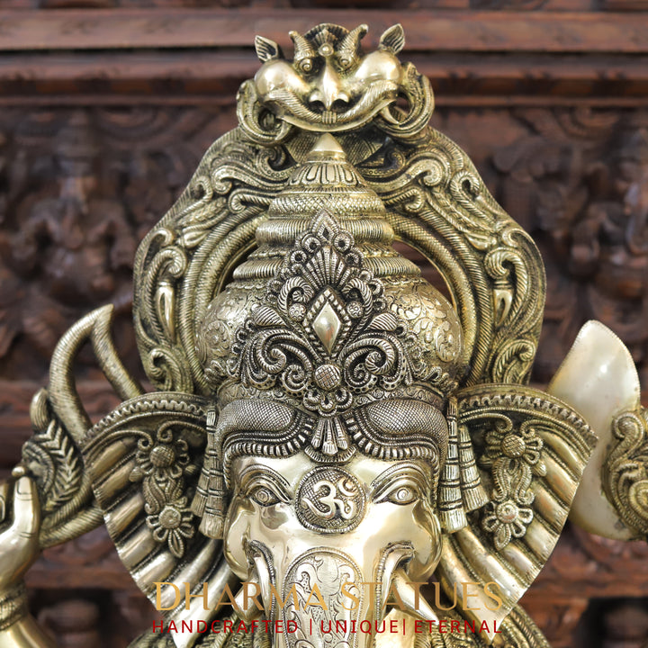 Brass Ganesh Idol, Seated on a Chowki, Smooth Finish 35"