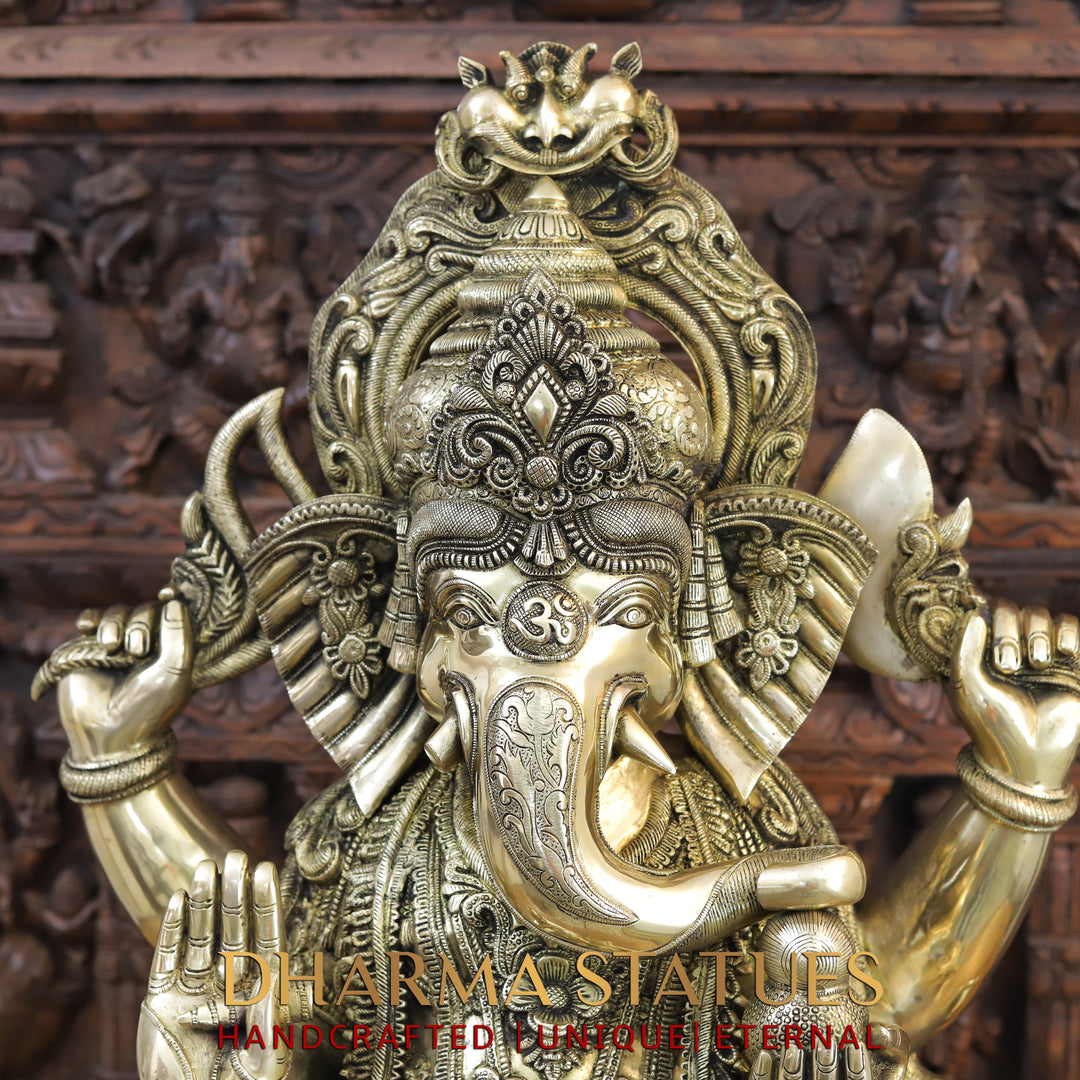 Brass Ganesh Idol, Seated on a Chowki, Smooth Finish 35"