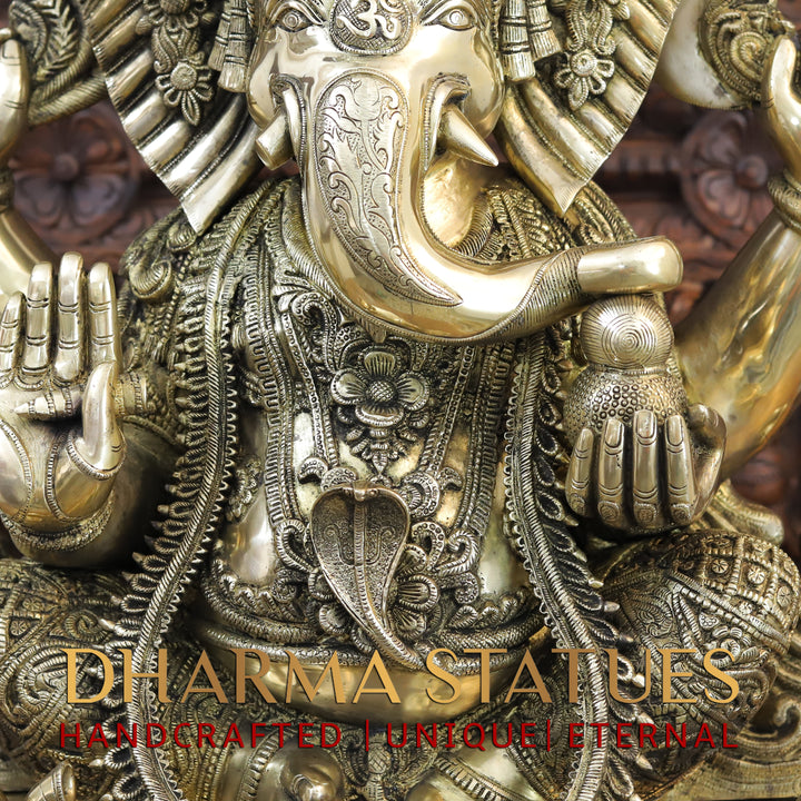 Brass Ganesh Idol, Seated on a Chowki, Smooth Finish 35"