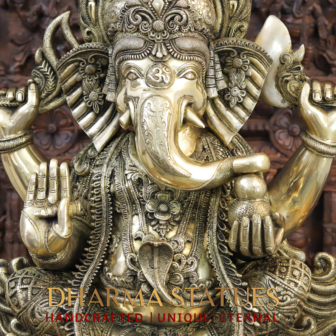 Brass Ganesh Idol, Seated on a Chowki, Smooth Finish 35"