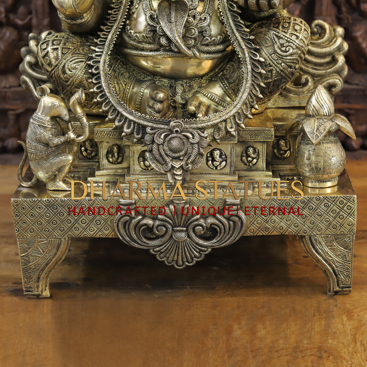 Brass Ganesh Idol, Seated on a Chowki, Smooth Finish 35"