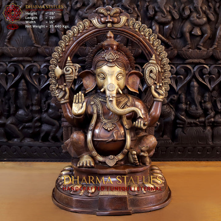 Brass Ganesh Seated On Throne, Copper Gold, 28" Front View