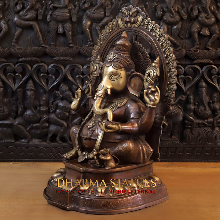 Brass Ganesh Seated On Throne, Copper Gold, 28"