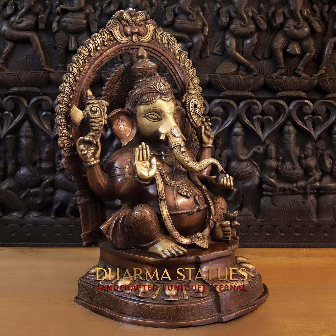 Brass Ganesh Seated On Throne, Copper Gold, 28"