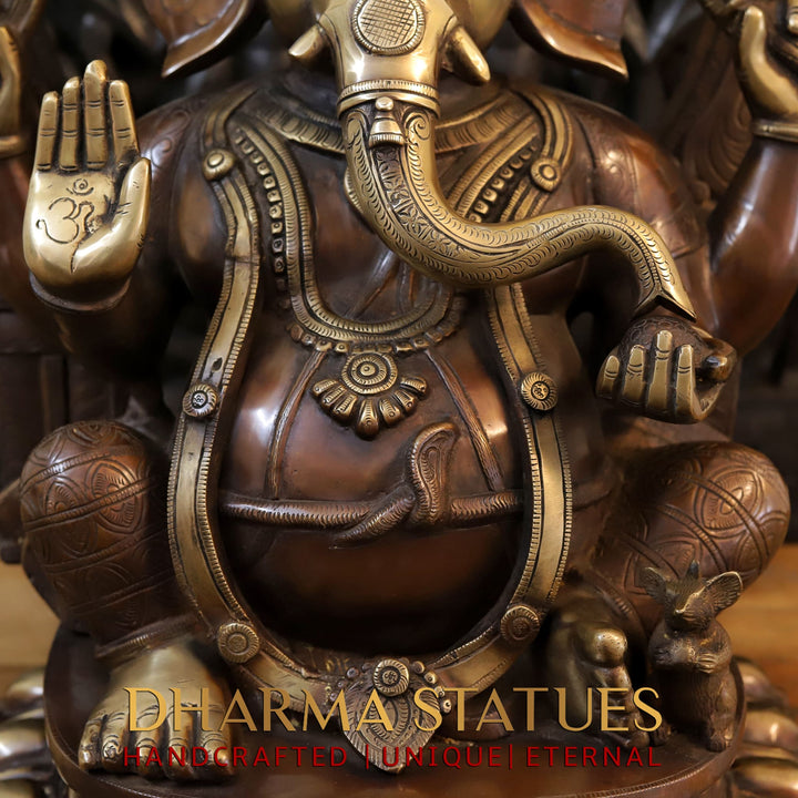 Brass Ganesh Seated On Throne, Copper Gold, 28"