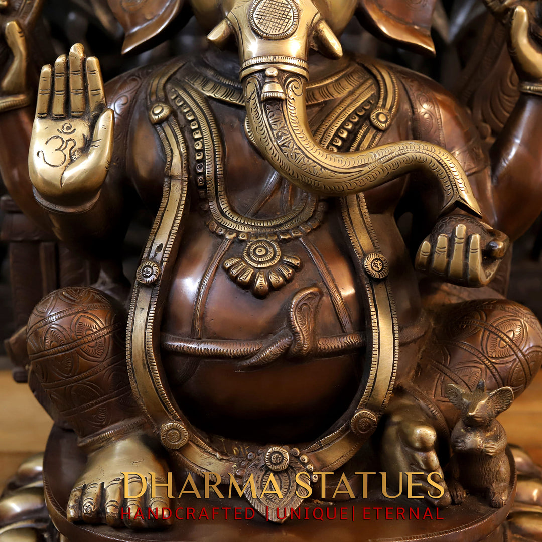 Brass Ganesh Seated On Throne, Copper Gold, 28"