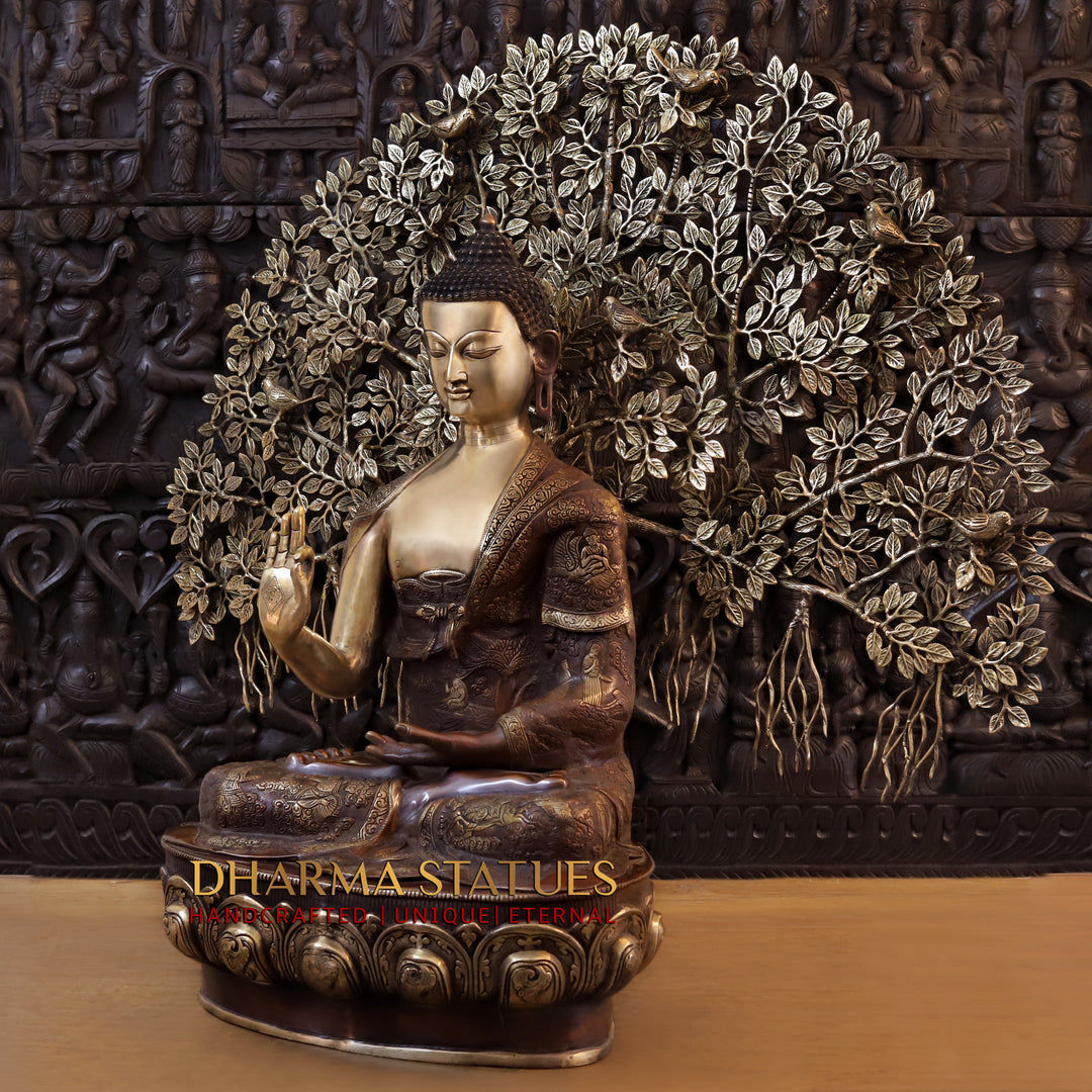 Brass Buddha Life Story With tree , Copper and Gold Finish, 43.5