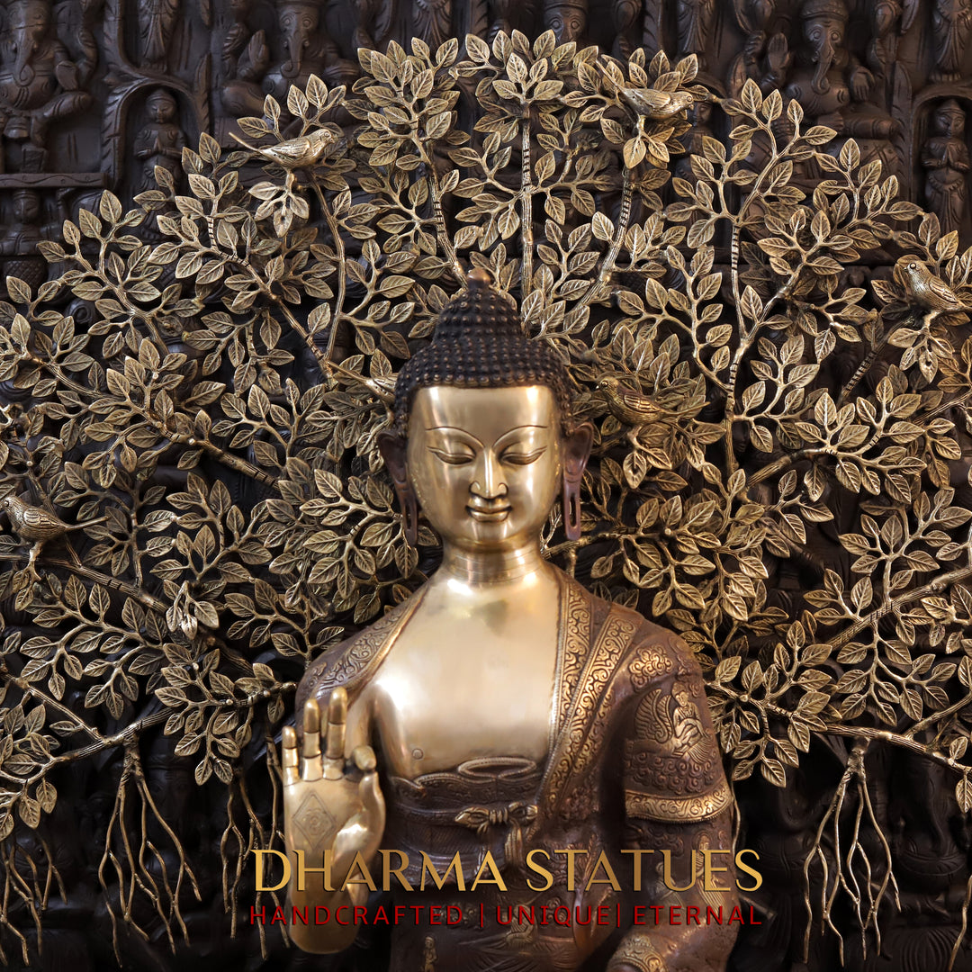 Brass Buddha Life Story With tree , Copper and Gold Finish, 43.5