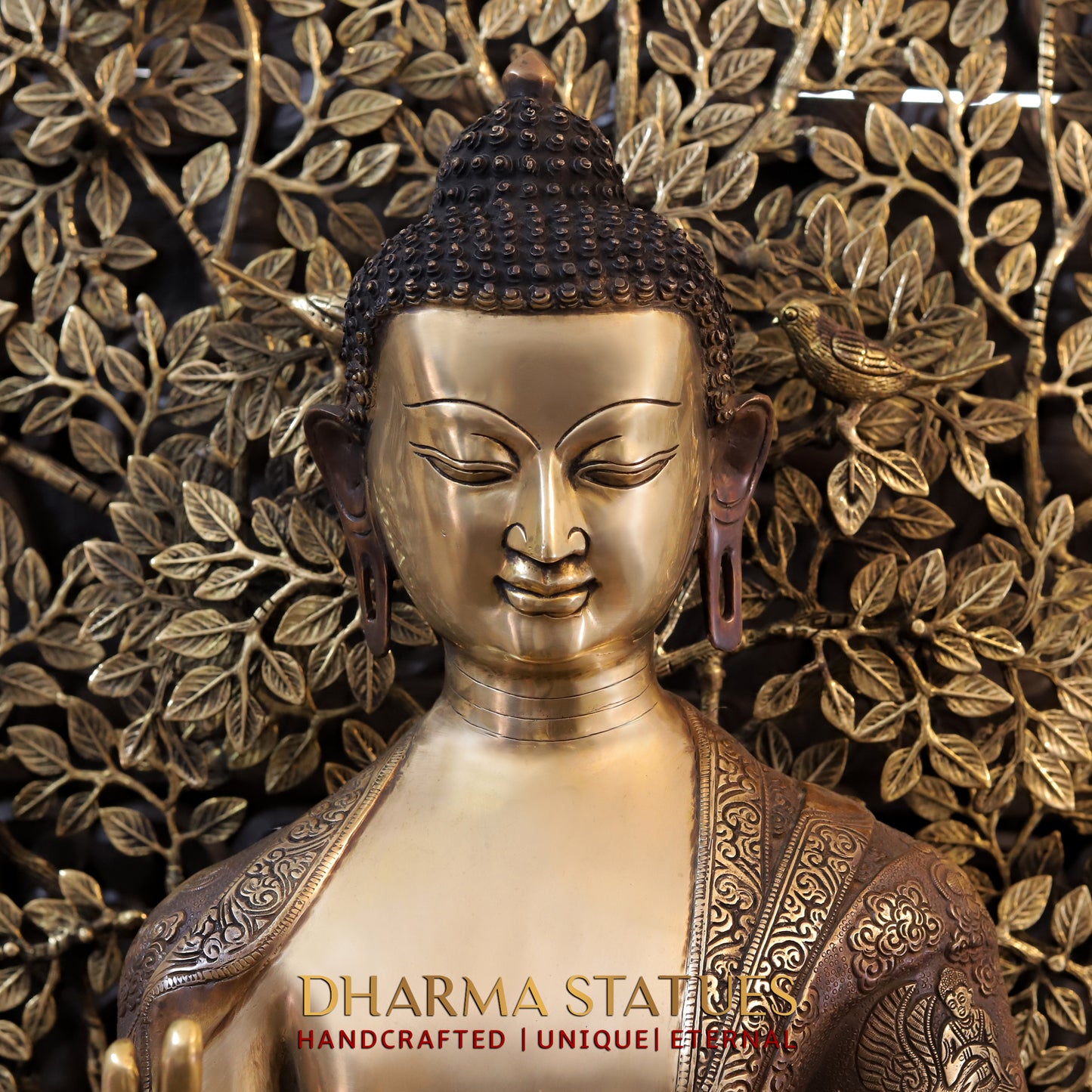 Brass Buddha Life Story With tree , Copper and Gold Finish, 43.5