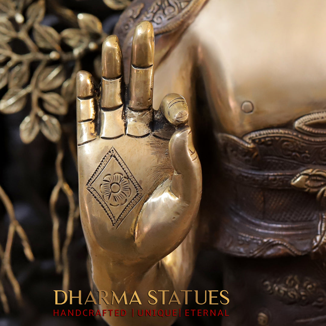 Brass Buddha Life Story With tree , Copper and Gold Finish, 43.5