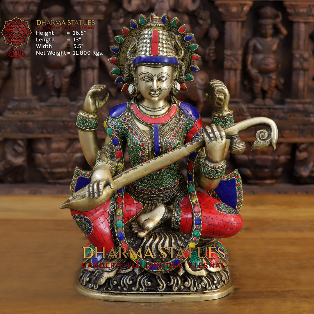 Brass Saraswati Idol, Seated on a Lotus with Sitar, Fine Stone and Golden work 16.5" Front View