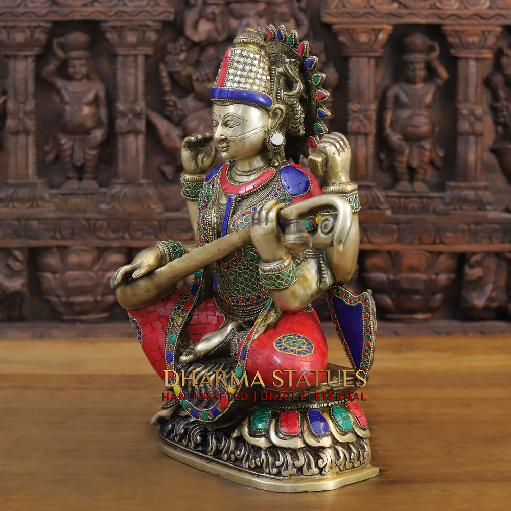 Brass Saraswati Idol, Seated on a Lotus with Sitar, Fine Stone and Golden work 16.5" side view