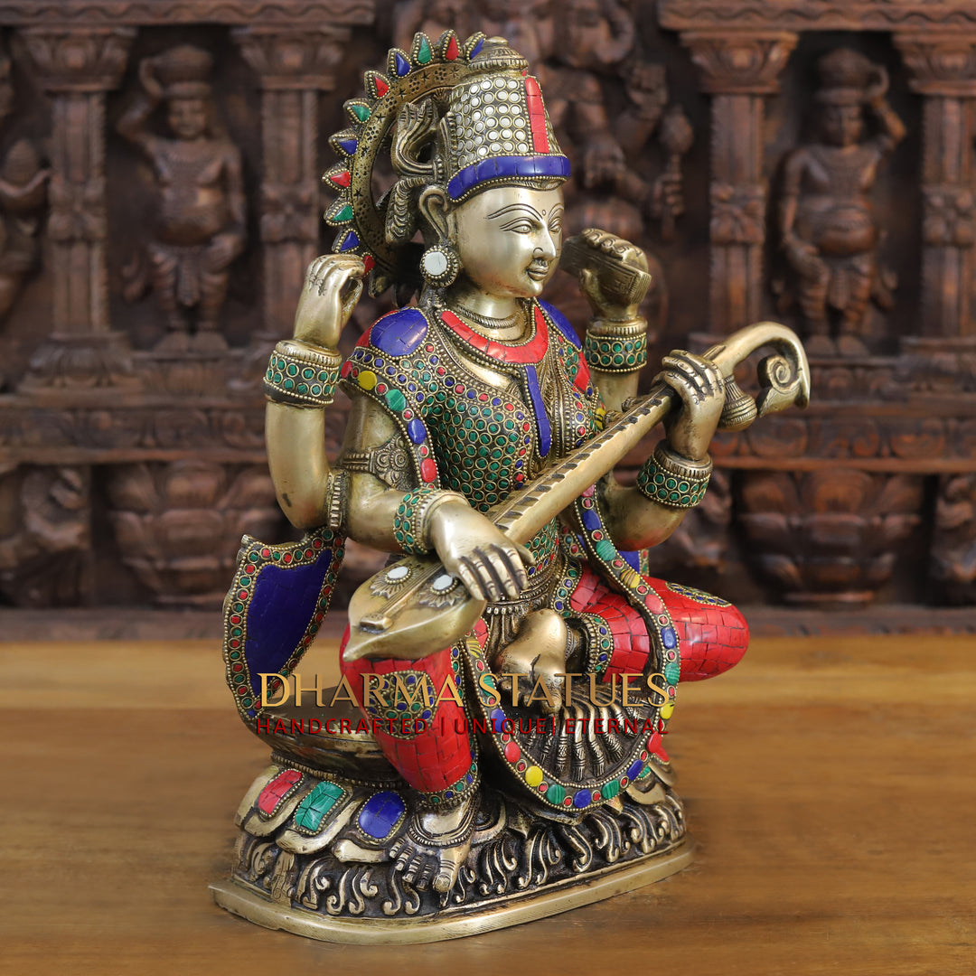 Brass Saraswati Idol, Seated on a Lotus with Sitar, Fine Stone and Golden work 16.5" side view