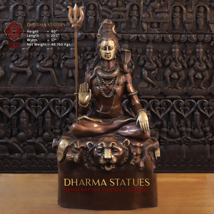 Brass Shiva Statue, Sitting on a High Platform, Golden and Copper Finish 40" front view