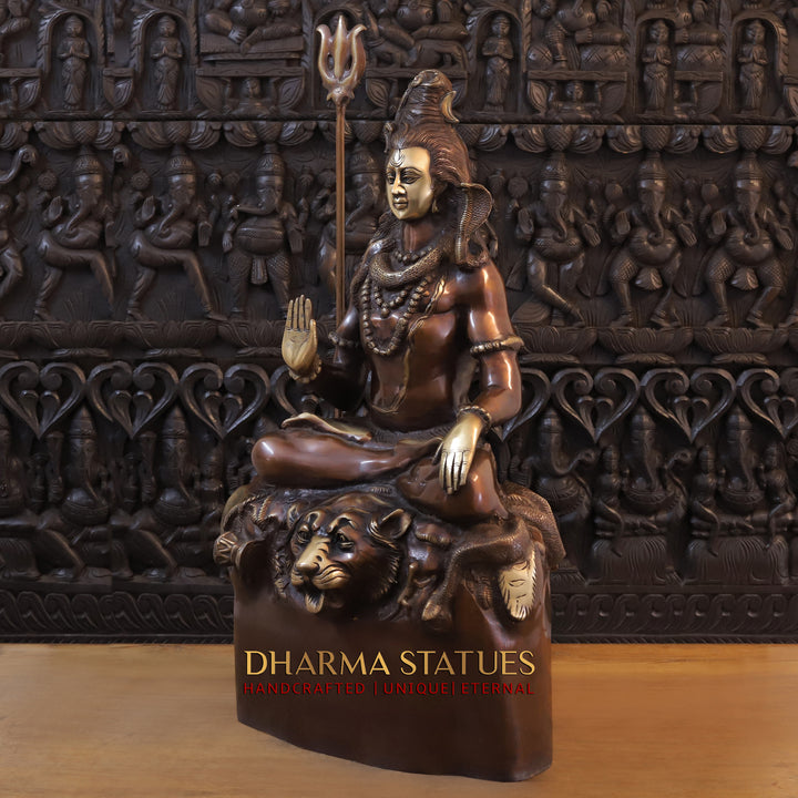 Brass Shiva Statue, Sitting on a High Platform, Golden and Copper Finish 40" side view