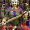 Brass Saraswati Idol, Seated on a Lotus with Sitar, Fine Stone and Golden work 16.5"