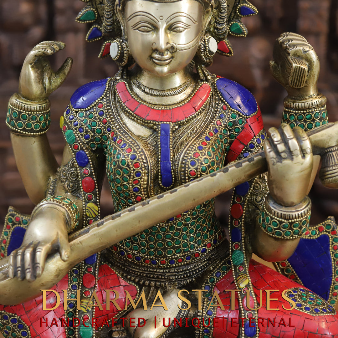 Brass Saraswati Idol, Seated on a Lotus with Sitar, Fine Stone and Golden work 16.5"