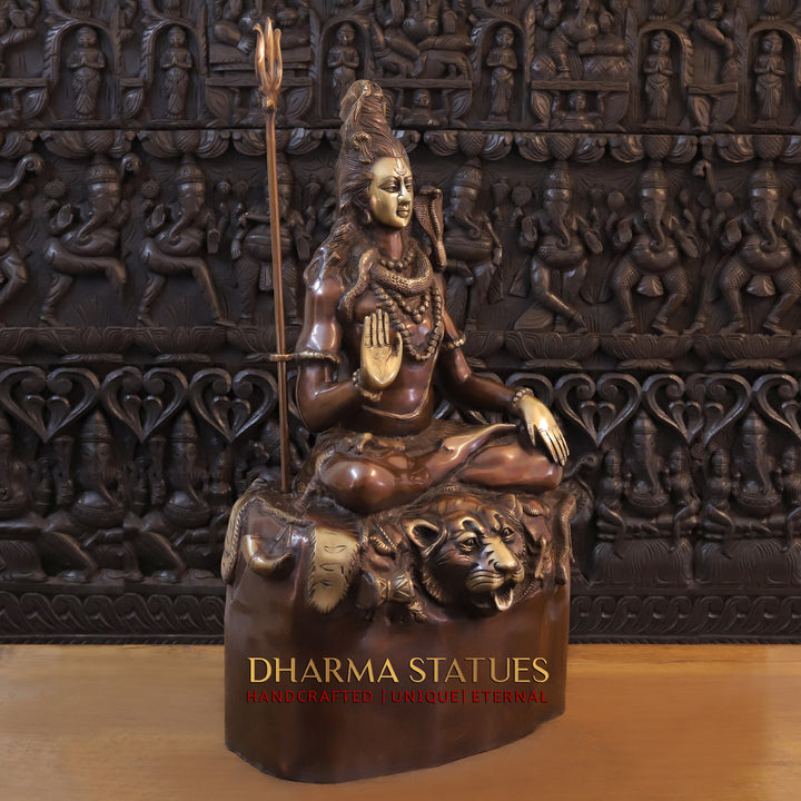 Brass Shiva Statue, Sitting on a High Platform, Golden and Copper Finish 40" side view