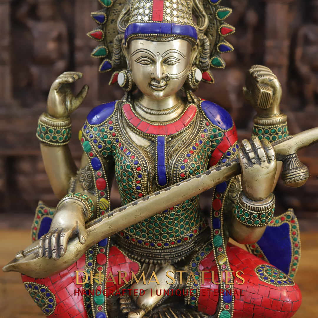 Brass Saraswati Idol, Seated on a Lotus with Sitar, Fine Stone and Golden work 16.5"