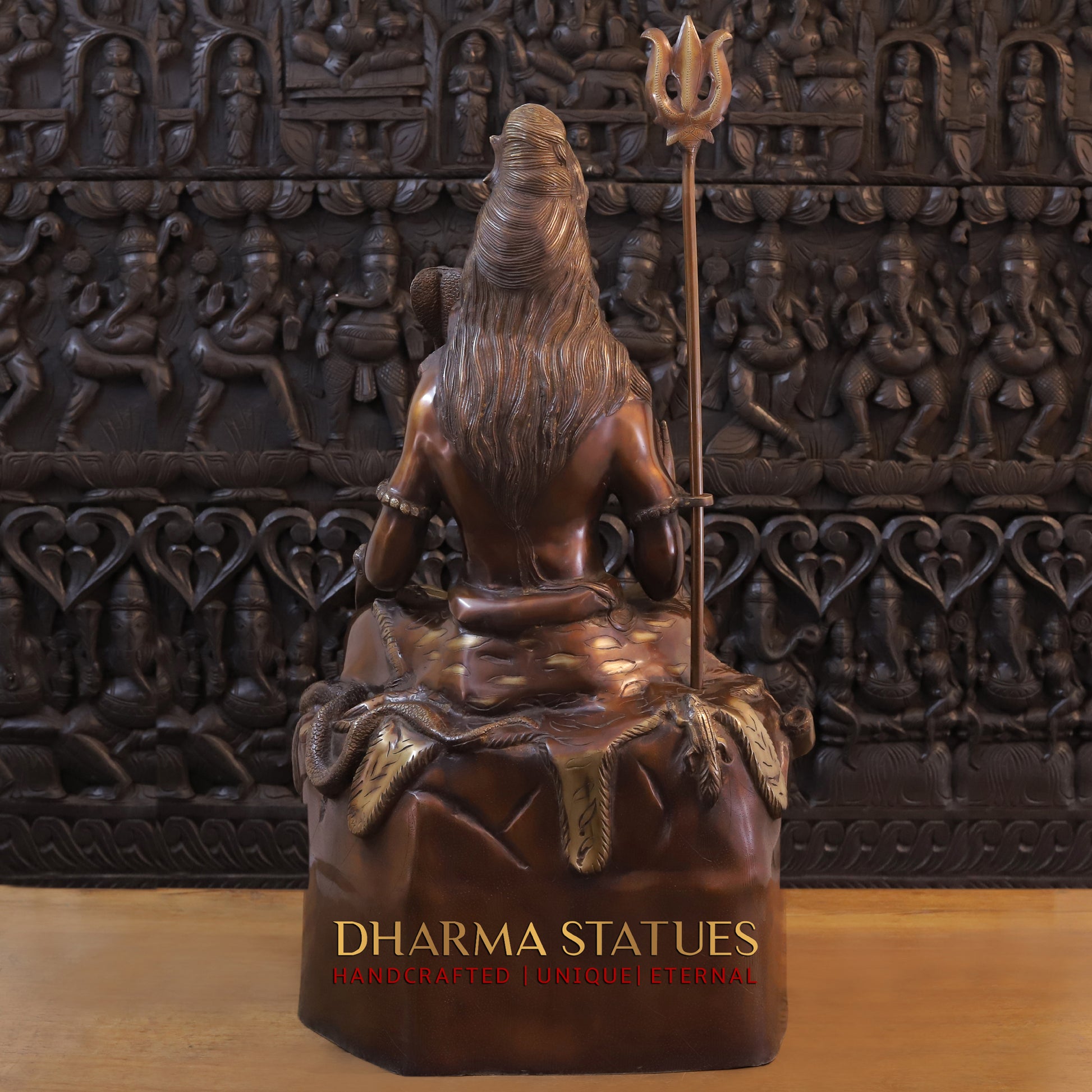 Brass Shiva Statue, Sitting on a High Platform, Golden and Copper Finish 40" back view